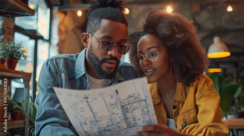 Construction site collaboration: man and woman reviewing detailed blueprints together Construction site collaboration: man and woman reviewing detailed blueprints together