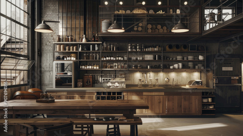 Industrial kitchen style: The kitchen consists of steel surfaces, open shelves, and pendant lights. The centerpiece is a coffee table made from old barrels.