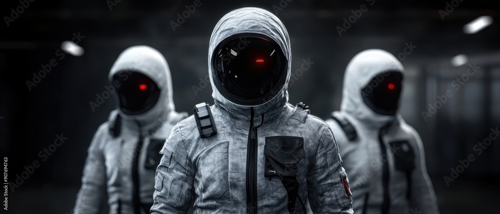 Futuristic Astronauts in High-Tech Suits with Red Visors in a Dark, Industrial Setting Futuristic Astronauts in High-Tech Suits with Red Visors in a Dark, Industrial Setting