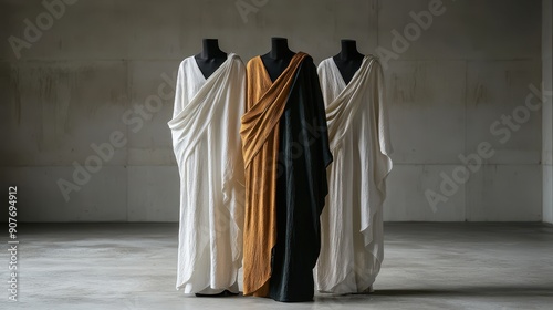 Wallpaper Mural Three Mannequins Draped in Elegant Greco-Roman Style Togas in Minimalist Industrial Setting Torontodigital.ca