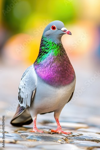 Colorful pigeon perched on cobblestone pathway in the warm glow of sunset