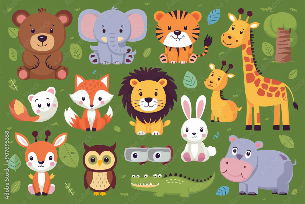 Cute wild woodland safari jungle animals vector illustration including ...