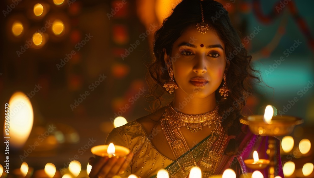 Woman Celebrating Diwali with Traditional Clothing and Lit Diyas Woman Celebrating Diwali with Traditional Clothing and Lit Diyas