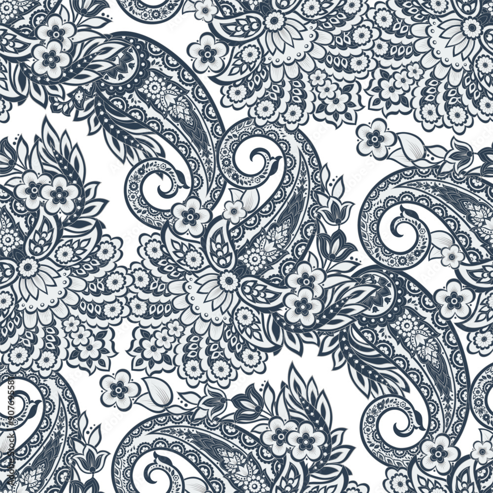 Paisley vector seamless design featuring stunning flowers and leaves in a batik-inspired style. Vintage backdrop Paisley vector seamless design featuring stunning flowers and leaves in a batik-inspired style. Vintage backdrop
