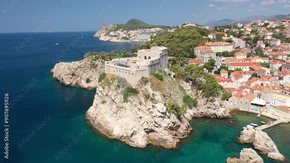 Experience the breathtaking aerial view of Dubrovnik's iconic Lovrijenac Fortress Experience the breathtaking aerial view of Dubrovnik's iconic Lovrijenac Fortress