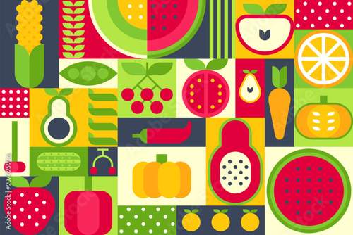 Bauhaus-Inspired Fruit Pattern Vector Illustration with Geometric Shapes