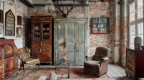 Antique elements: The space retains brick walls that perfectly complement retro furniture. For example, antique dressers and doors that add character to the interior.