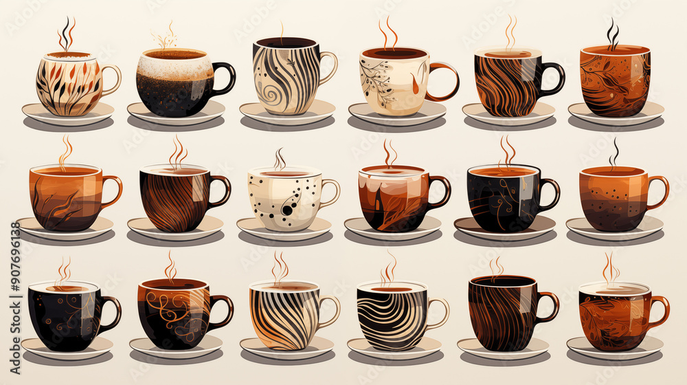 Coffee set in cups isolated on beige background. Barista poster. Different types. Illustration generated by Ai technology Coffee set in cups isolated on beige background. Barista poster. Different types. Illustration generated by Ai technology