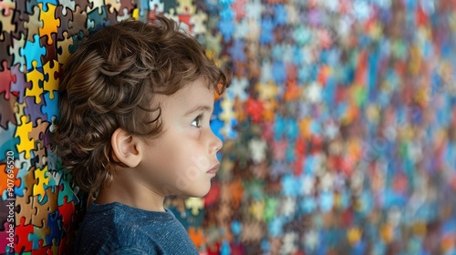 Infant boy looking at a wall made of autism awareness puzzle multi colored pieces jigsaw. A young autistic boy