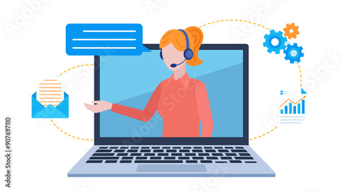 Illustration. A customer service representative is visible on a laptop screen. She has a headset. There is a speech bubble by her face. Next to it are icons of an email, a data document, and gears. 