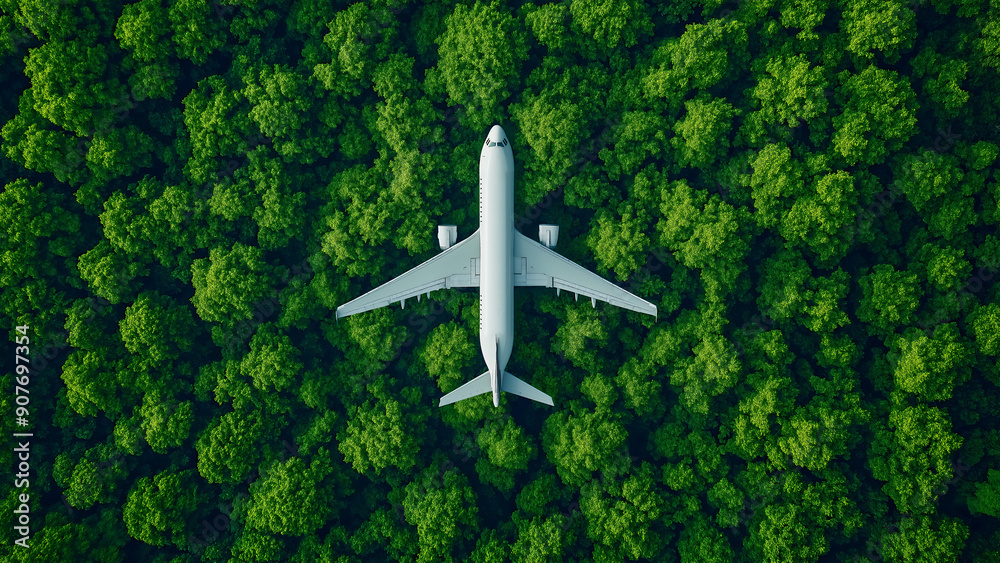 Fototapeta premium Sustainable aviation fuel concept of flight running on biofuel green energy, An aerial view of an airplane flying over green forest, the environmental impact and sustainability in the travel industry.