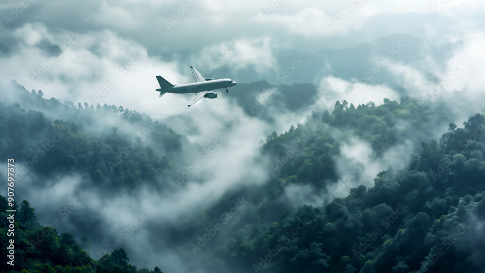 Naklejka premium An environmental sustainable biofuel concept of a white airplane flying over green trees, creating an aerial view of the aircraft and its engines against a backdrop of a dark misty, foggy rainforest