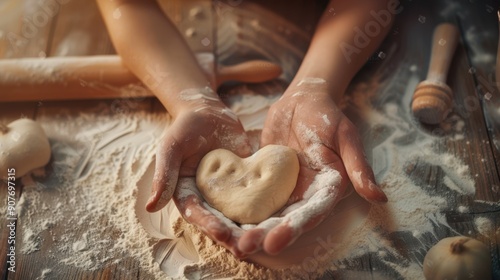 The hands holding dough heart photo