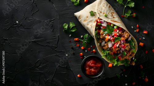 Traditional Mexican food burrito with grounded meat on black background, top view, copy space, layout