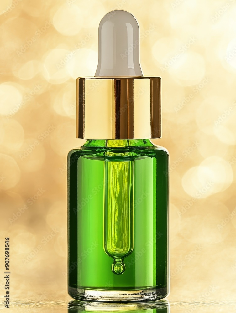 Naklejka premium Luxurious green serum bottle with golden details displayed