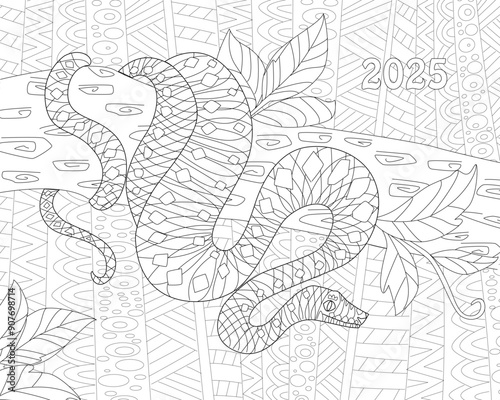 coloring book page for adults and children. little snake coiled around a branch of tree against abstract geometric pattern. Happy Chinese New Year 2025