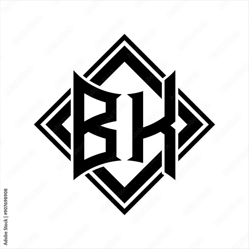BK Letter logo with abstract shield shape with square black outline on white background design BK Letter logo with abstract shield shape with square black outline on white background design