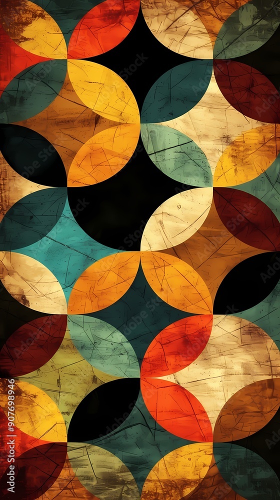 Abstract geometric pattern with textured circles in red, orange, yellow, blue, green, and black colors. Abstract geometric pattern with textured circles in red, orange, yellow, blue, green, and black colors.