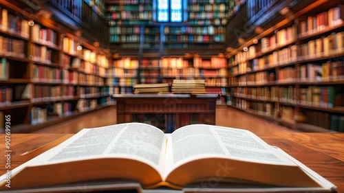 Open book in grand library with towering shelves