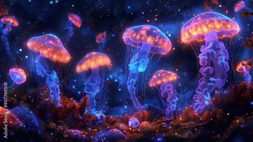Naklejka premium Bioluminescent Jellyfish in a Fantasy World.