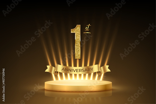 First anniversary gold award podium. 1 year celebration birthday or jubilee golden vector background. Luxury stage with glowing rays, glittering number 1 and ribbon with text anniversary on black.
