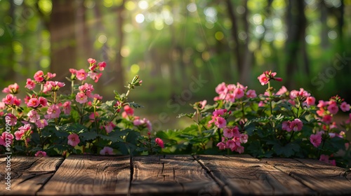 Wallpaper Mural Charming Spring Garden with Roses and Wooden Podium in Morning Sun. AI generated illustration Torontodigital.ca