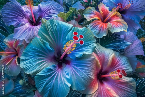 a bright and brilliant and thriving and enormously colorful blossoming dinnerplate-hibiscus flower garden, blues and purples and pinks and teals and greens and reds and peach photo