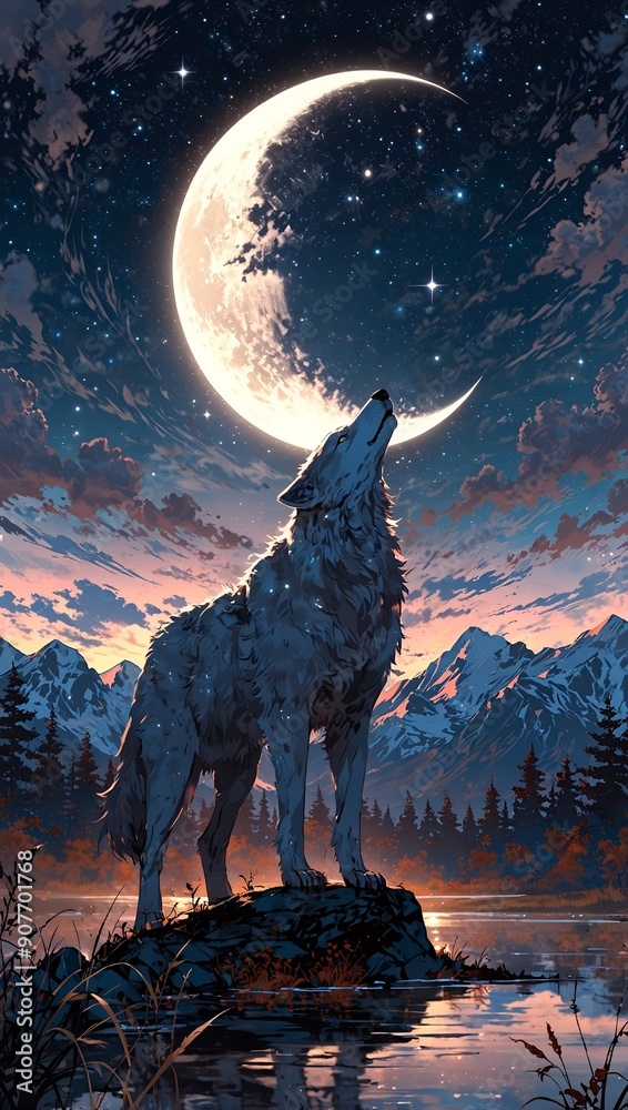 Naklejka premium A Wolf Howling at the Moon, The moon hangs low, casting a silvery glow across wispy clouds.