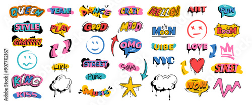 Graffiti mural drawing. Inscription sticker. Font letter on wall. School teenage text bubble. Street style. Expression creative print. Urban abstract spray paint letterings set. Vector garish design