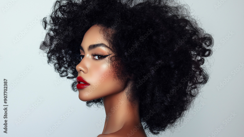 Stylish Woman with Curly Hair and Red Lips, Profile View Stylish Woman with Curly Hair and Red Lips, Profile View