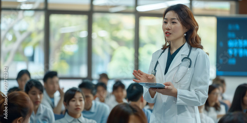 A female doctor, wearing a white coat and stethoscope, is giving a presentation to a group of people in a seminar.. asian woman