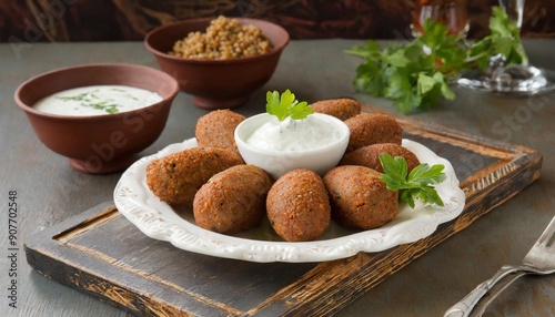 Hearty Kibbeh: Spiced Meat and Bulgur Patties Served with Yogurt Sauce