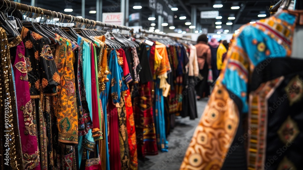 Fototapeta premium Imagine a lively fashion fair with booths representing diverse cultures and styles.