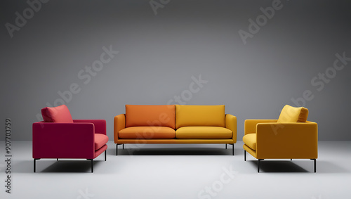 Craft a scene with an isolated sofa set in a minimalist style, featuring a low backrest, wide seating, and a vibrant color scheme, popular for its contemporary appeal.