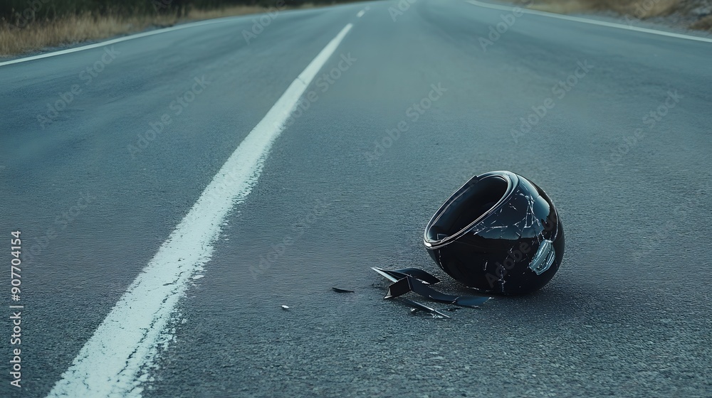 Fototapeta premium A cracked motorcycle helmet lies on the asphalt of a deserted road, a reminder of the dangers of riding.