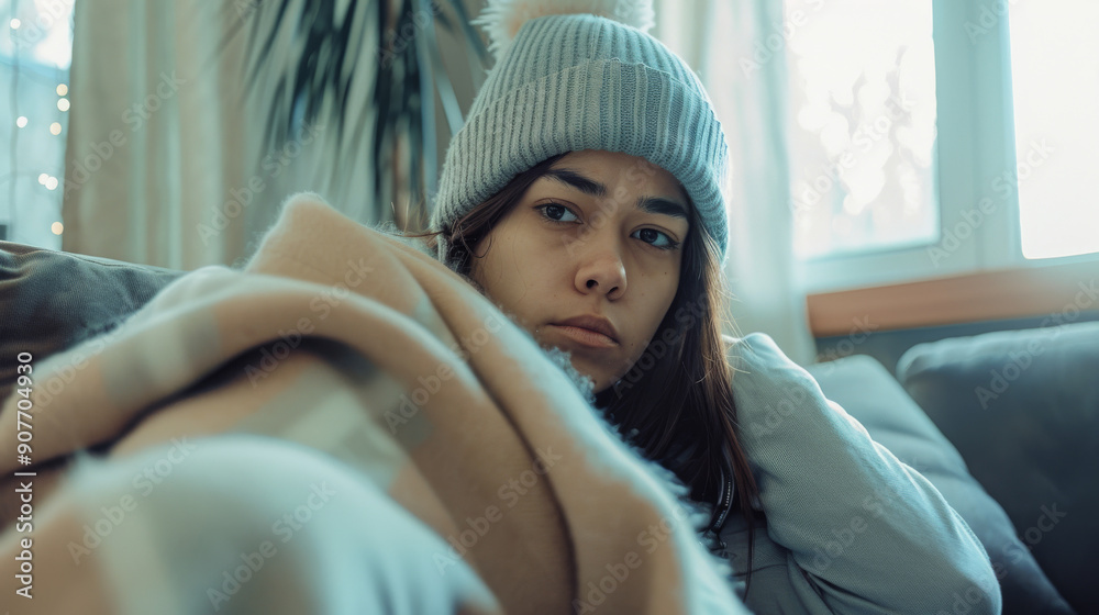 Woman in a cozy sweater lounges on a couch with a warm beanie, looking pensive and thoughtful by the window in a softly lit room. Woman in a cozy sweater lounges on a couch with a warm beanie, looking pensive and thoughtful by the window in a softly lit room.