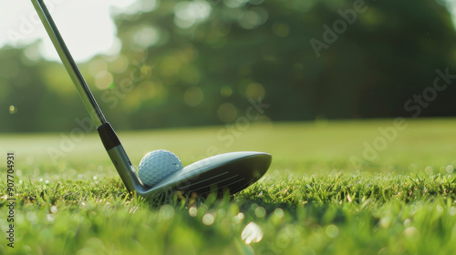 A golf club poised to strike a ball on a lush green course, with early morning sunlight creating a serene and focused stillness.