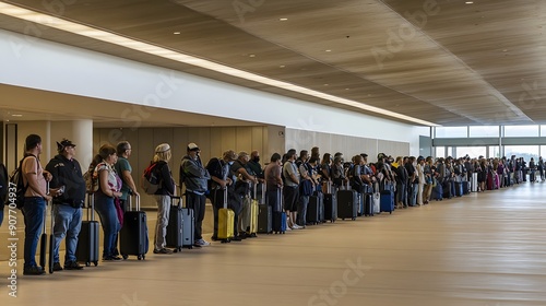 A long line of travelers waits patiently at the airport, luggage in tow, ready to embark on their journeys.