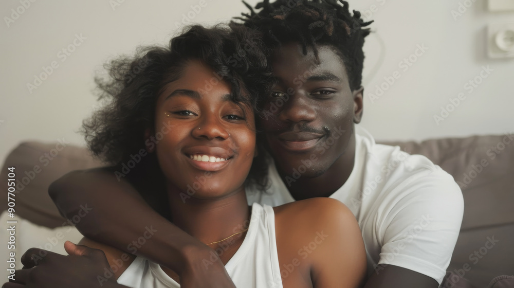 A couple lovingly cuddle at home, smiling warmly in a relaxed and intimate setting, exuding comfort and connection. A couple lovingly cuddle at home, smiling warmly in a relaxed and intimate setting, exuding comfort and connection.