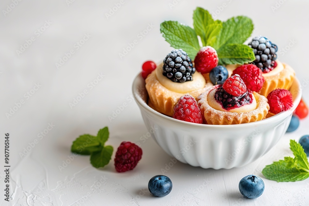 Berry cheesecake tartlets in white bowl with mint leaves