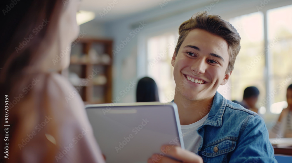 A student looks up with a bright smile while holding a tablet in a sunlit classroom, embodying the joy of learning and connection with peers. A student looks up with a bright smile while holding a tablet in a sunlit classroom, embodying the joy of learning and connection with peers.