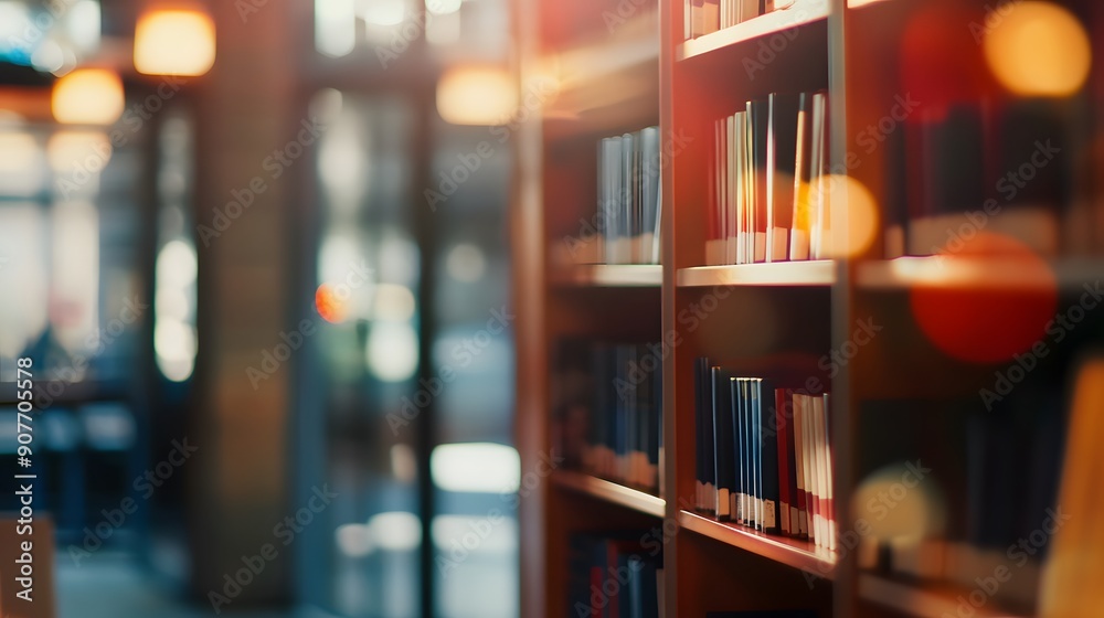 A close-up of a bookshelf filled with books in a library, with the soft light coming through the window. A close-up of a bookshelf filled with books in a library, with the soft light coming through the window.