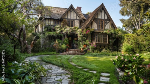 Imagine a Tudor-style house with exposed wooden beams, leaded glass windows, and a steeply pitched roof. photo