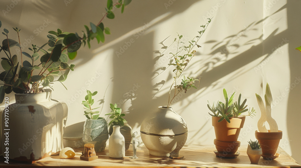 Sunlit arrangement of potted plants and pottery on a wooden shelf, casting soothing shadows that enhance the serene indoor scene. Sunlit arrangement of potted plants and pottery on a wooden shelf, casting soothing shadows that enhance the serene indoor scene.