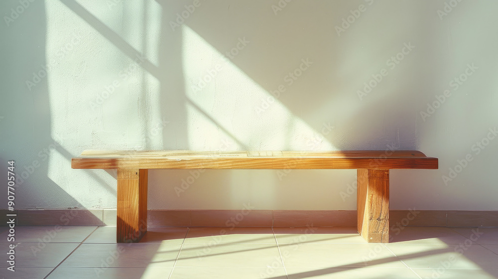 A wooden bench in soft, natural light, with long shadows cast on a tiled floor, captures the essence of simplicity and minimalistic design. A wooden bench in soft, natural light, with long shadows cast on a tiled floor, captures the essence of simplicity and minimalistic design.