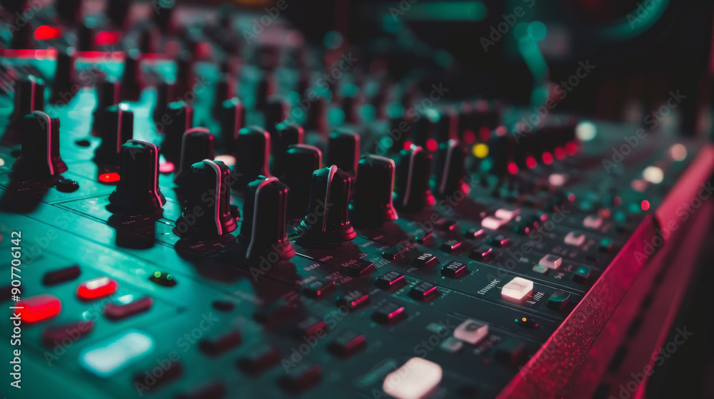 Fototapeta premium A close-up of a mixing console with colorful lit knobs and buttons, capturing the vibrant energy of music production in a dimly lit studio.