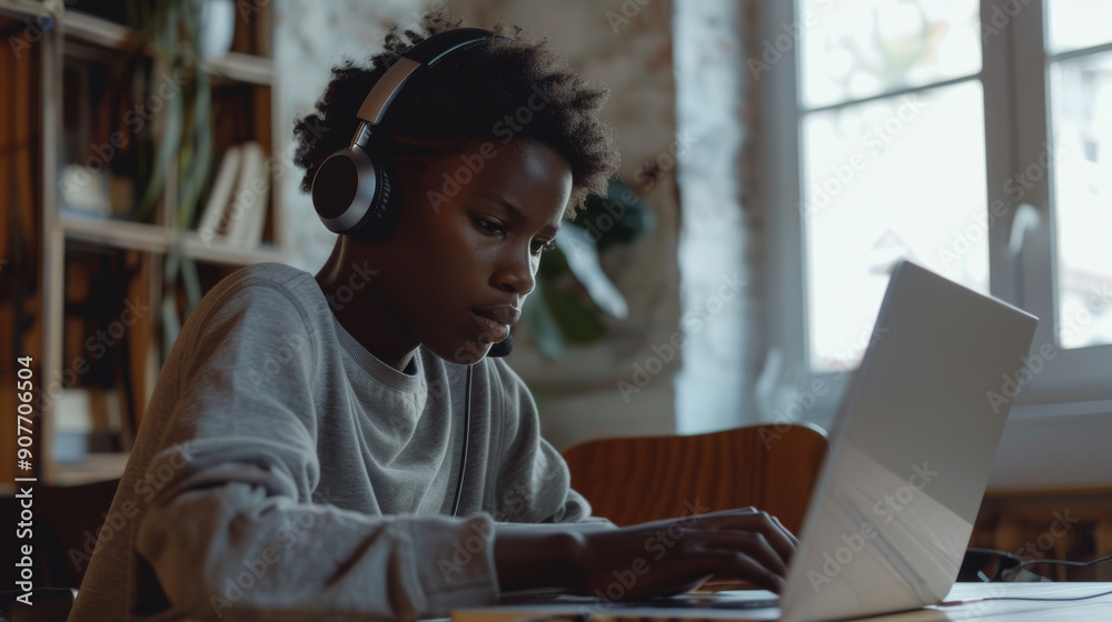 Young boy wearing headphones, intently focused on his laptop in a modern, cozy room with shelves in the background. Young boy wearing headphones, intently focused on his laptop in a modern, cozy room with shelves in the background.