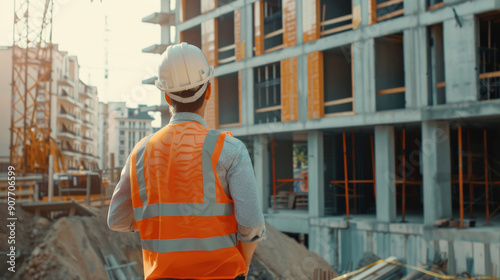 Wallpaper Mural A construction worker wearing an orange vest and white hat surveys progress at a dynamic building site, signifying the ceaseless pace of urbanization. Torontodigital.ca