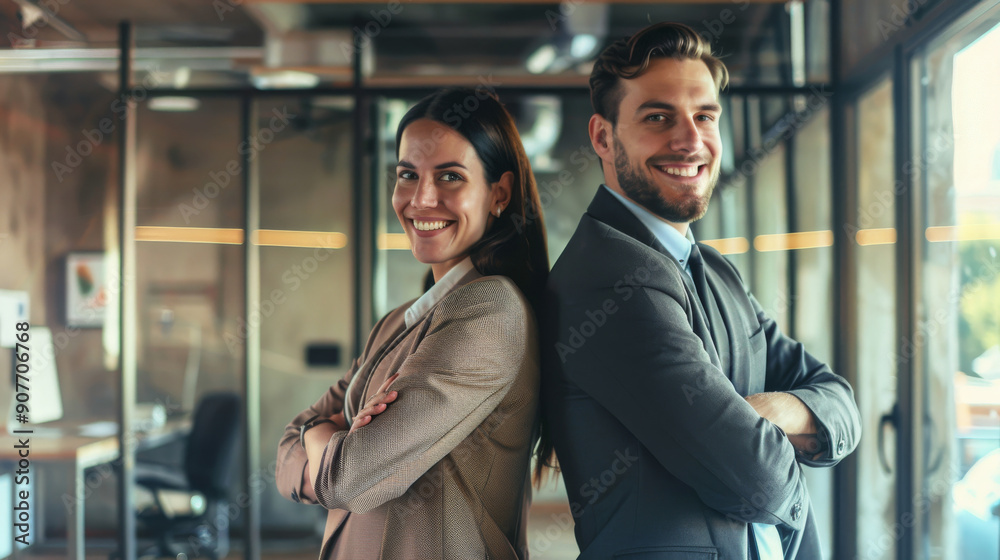 Two confident professionals stand back-to-back in a modern office, smiling with arms crossed, exuding confidence and teamwork. Two confident professionals stand back-to-back in a modern office, smiling with arms crossed, exuding confidence and teamwork.