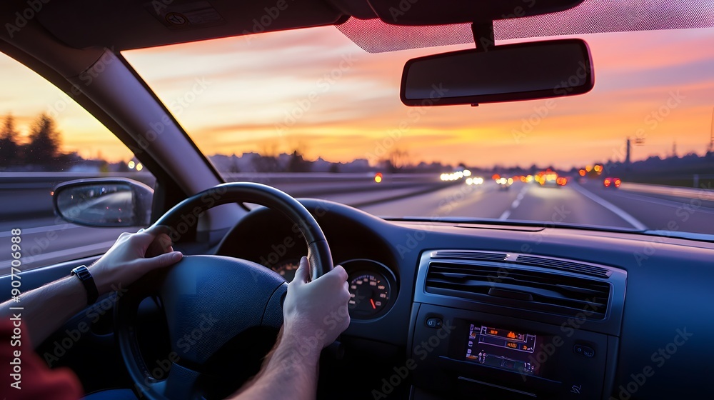 A person drives a car on a highway at sunset, with the setting sun creating a warm glow in the sky. A person drives a car on a highway at sunset, with the setting sun creating a warm glow in the sky.